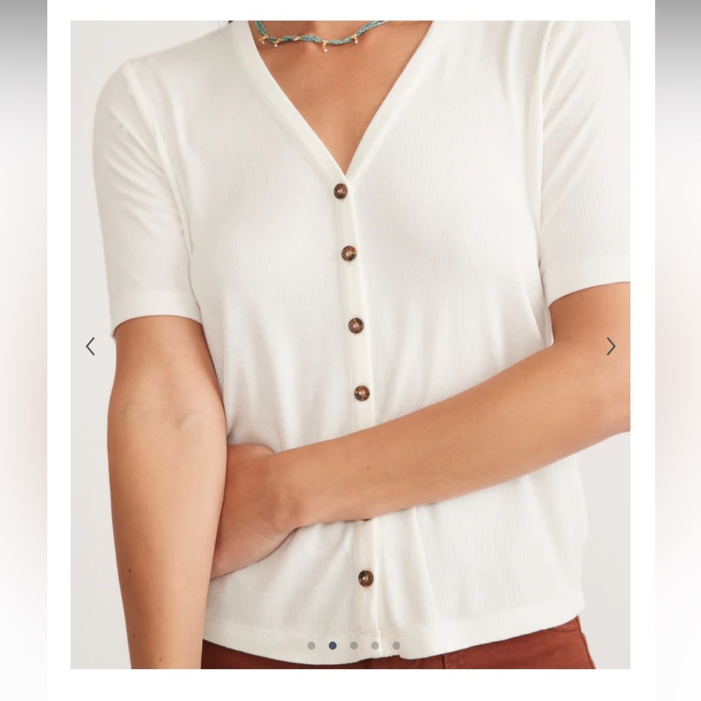 Marine Layer White Short Sleeve Ribbed V-Neck Button Top